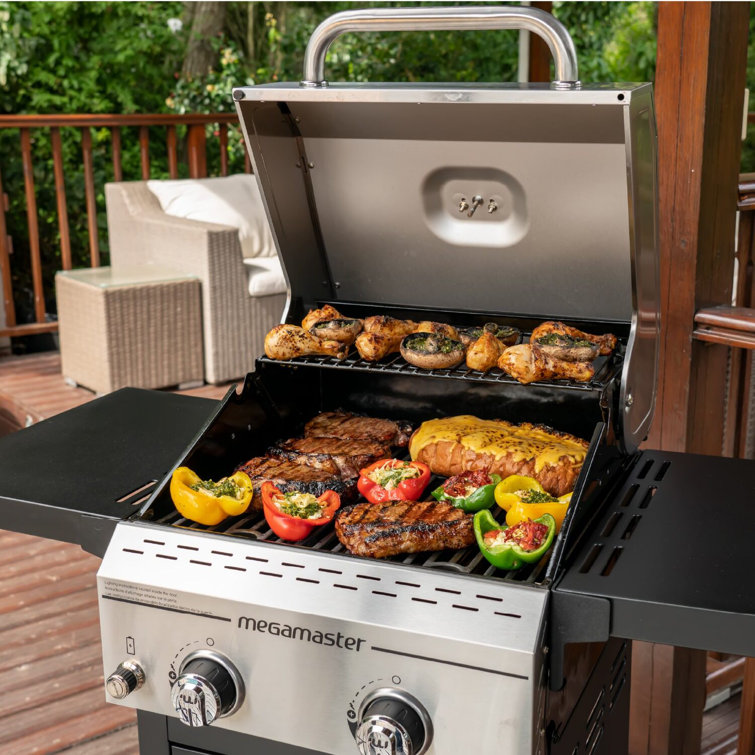 Megamaster 2-Burner Stainless Steel Propane Gas Grill with Foldable Side Tables