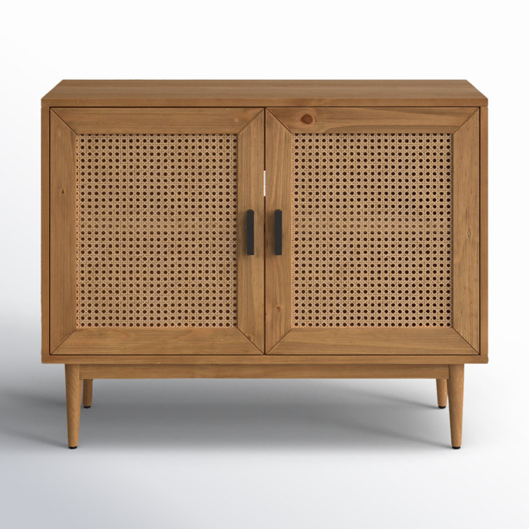Natural Brown Pine Wood 2-Door Cane Accent Cabinet