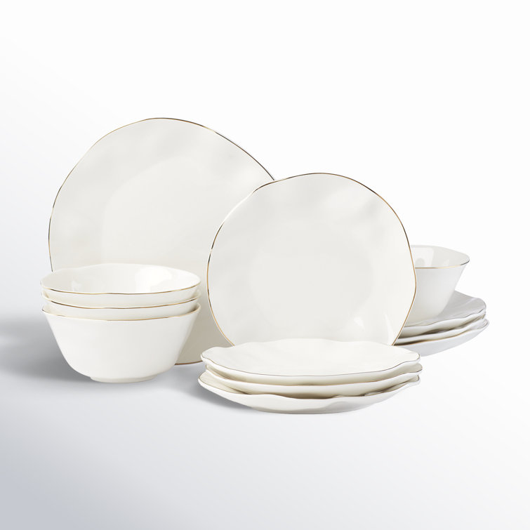 White and Blue Porcelain 12-Piece Dinnerware Set with Gold Rim