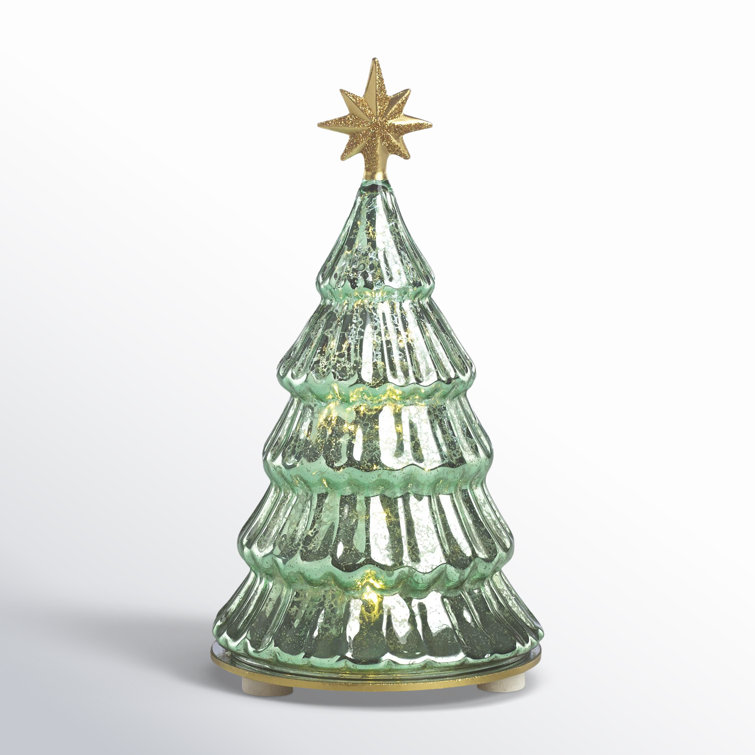Radiant Light Green Glass Pine Tree Figurine with Golden Star