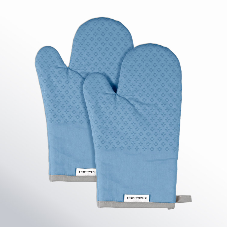Blue Velvet Cotton Oven Mitt Set with Silicone Grips