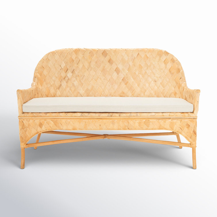 Natural Honey Rattan Woven Sofa Bench with White Cushion