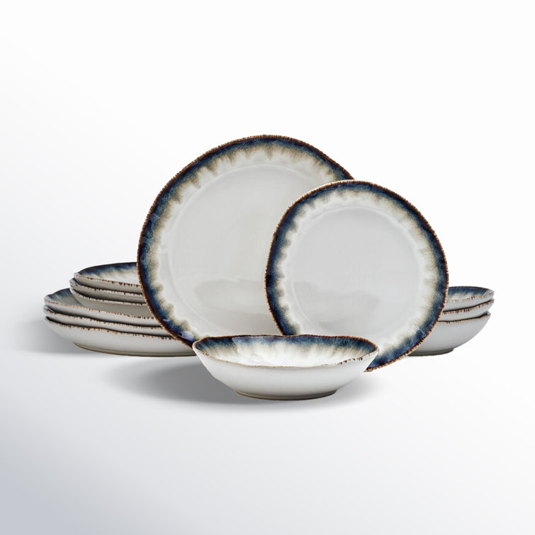 Cole Organic Shaped Cream and Blue 12-Piece Stoneware Dinnerware Set