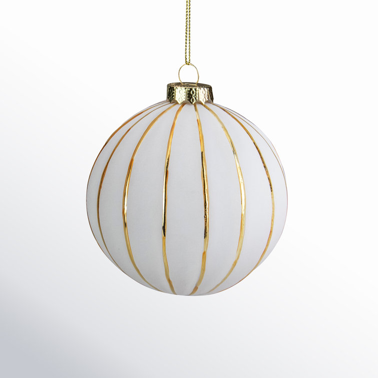 4" White and Gold Striped Glass Christmas Ornament