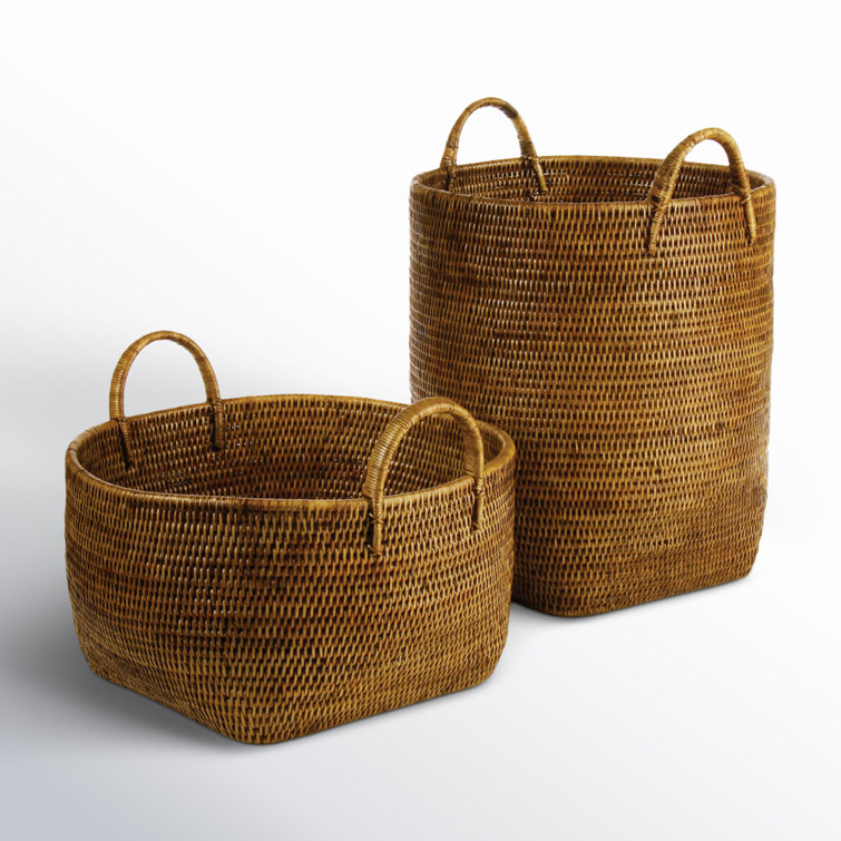 Handmade Natural Brown Rattan Storage Baskets with Handles - Set of 2