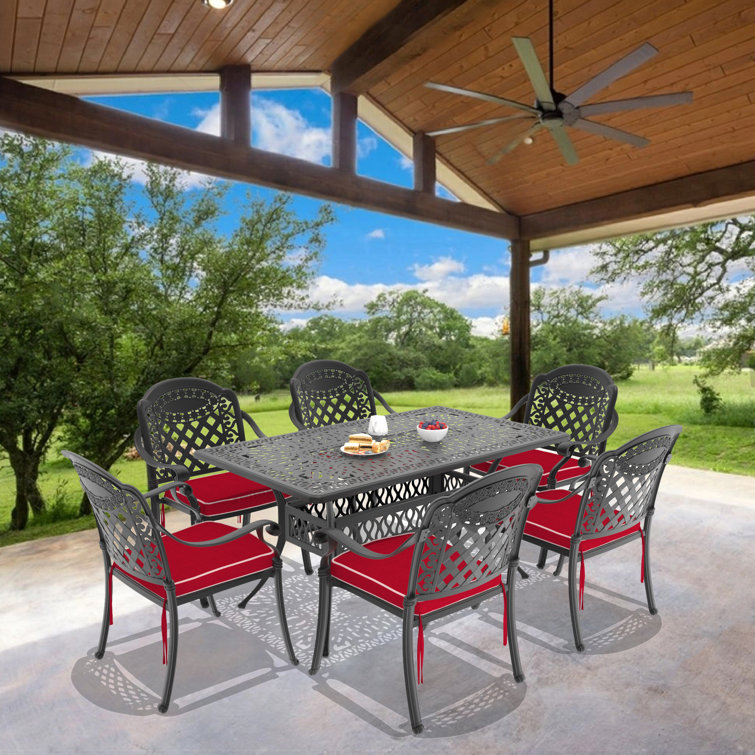 Black Cast Aluminum Outdoor Dining Set with Random Color Cushions