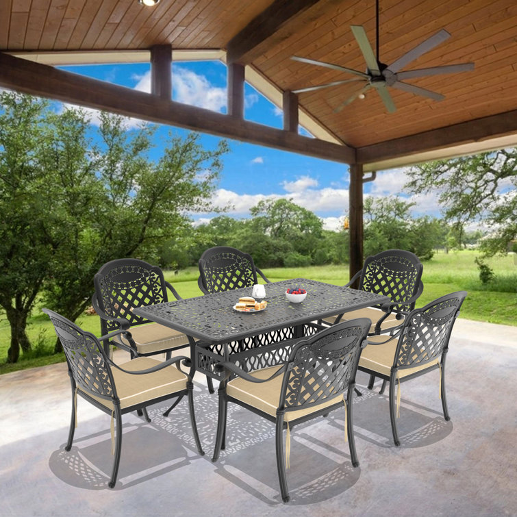 Black Cast Aluminum Outdoor Dining Set with Random Color Cushions