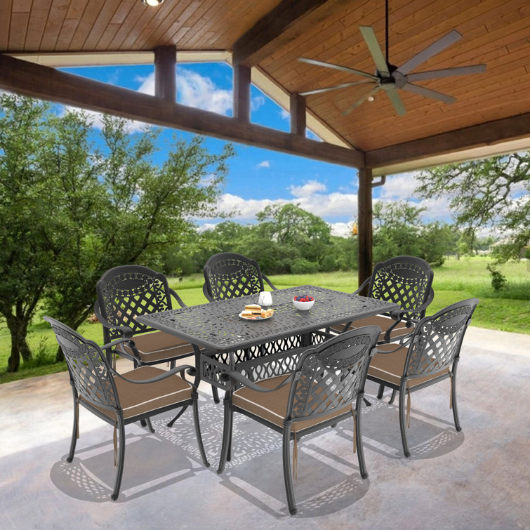 Black Cast Aluminum Outdoor Dining Set with Random Color Cushions