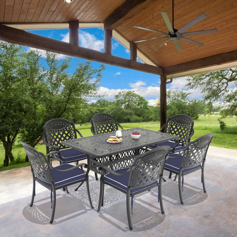 Black Cast Aluminum Outdoor Dining Set with Random Color Cushions