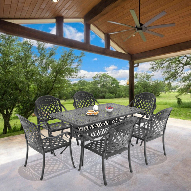 Black Cast Aluminum Outdoor Dining Set with Random Color Cushions
