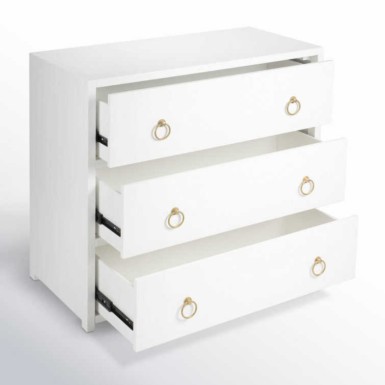 Elegant White Acacia 3-Drawer Chest with Gold Metallic Hardware