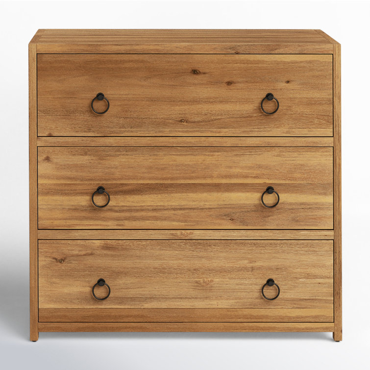 Natural Wood 3-Drawer Chest with Black Metal Hardware
