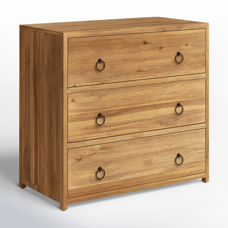 Natural Wood 3-Drawer Chest with Black Metal Hardware