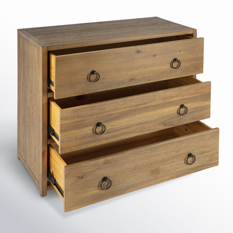Natural Wood 3-Drawer Chest with Black Metal Hardware