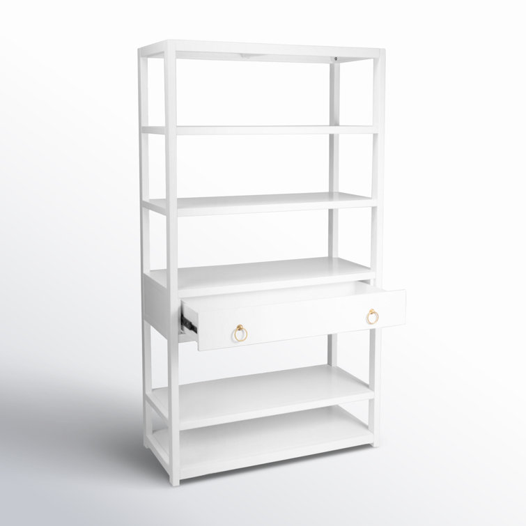 Elevated Elegance White Acacia Wood Etagere Bookcase with Gold Hardware