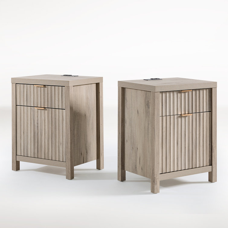 Greige Oak 2-Drawer Nightstand with Built-In Charging Station, Set of 2