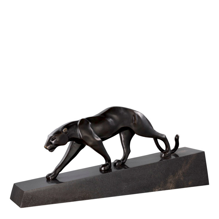 Bronze Panther Statue on Black Marble Base