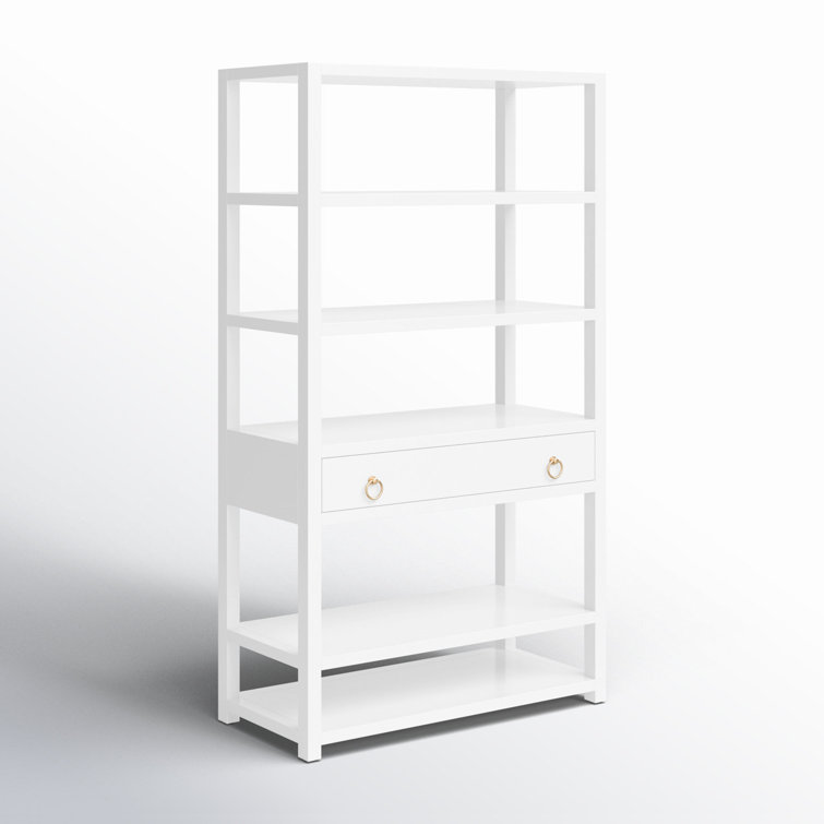 Elevated Elegance White Acacia Wood Etagere Bookcase with Gold Hardware
