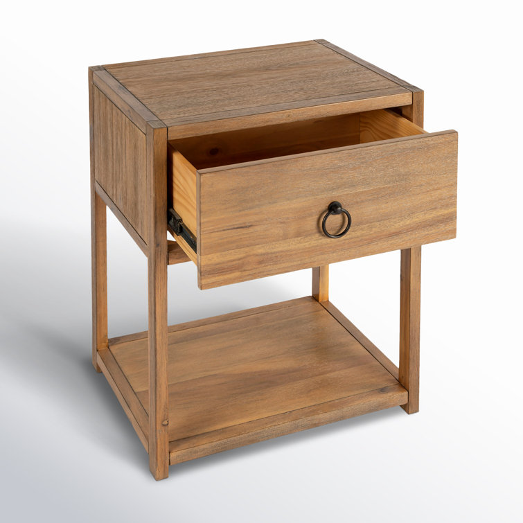 Transitional Modern Natural Wood and Black Metal End Table with Storage