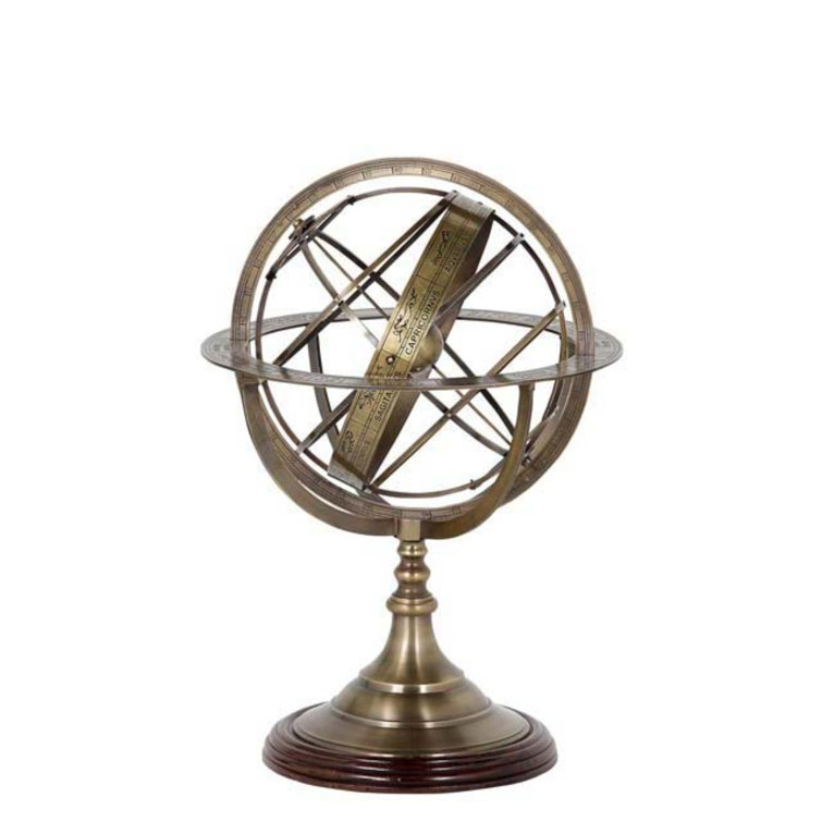 Small Antique Brass Globe with Etched Zodiac and Pedestal