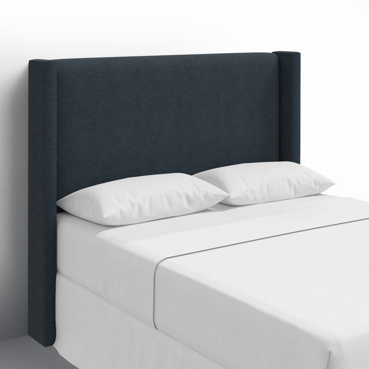 Classic Navy Linen Upholstered Queen Headboard with Wingback Design