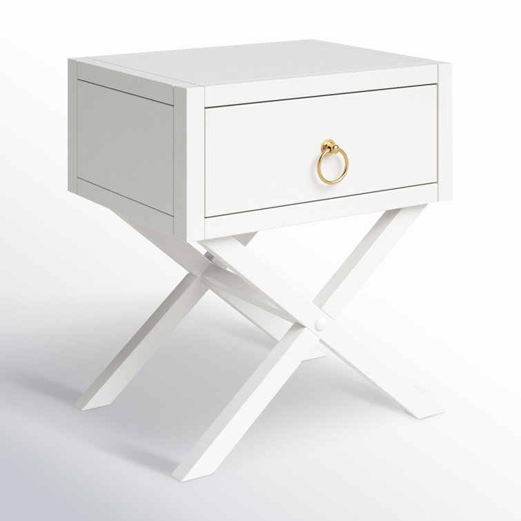 Elin Fresh White and Gold Metallic 1-Drawer Nightstand with X-Design Legs