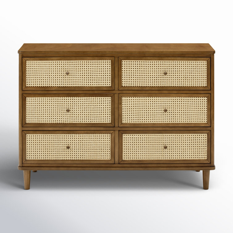 Natural Walnut and Blonde Cane 6-Drawer Dresser with Soft Close