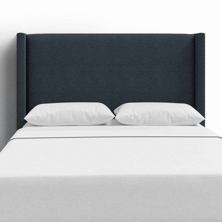 Classic Navy Linen Upholstered Queen Headboard with Wingback Design
