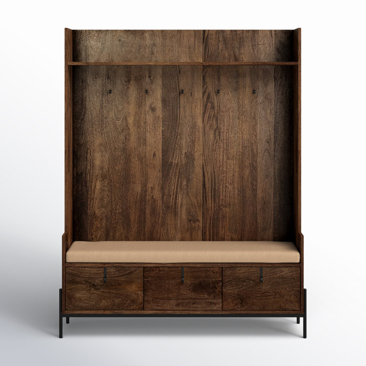 Glenn V Dark Brown Mango Wood Hall Tree with Storage and Cream Fabric Seat