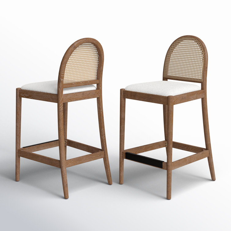 Ivory White Boucle and Oak Curved Bar Stools, Set of 2