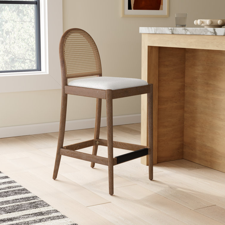 Ivory White Boucle and Oak Curved Bar Stools, Set of 2