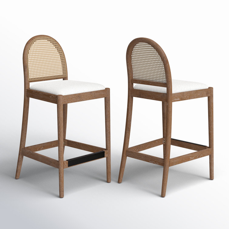 Ivory White Boucle and Oak Curved Bar Stools, Set of 2