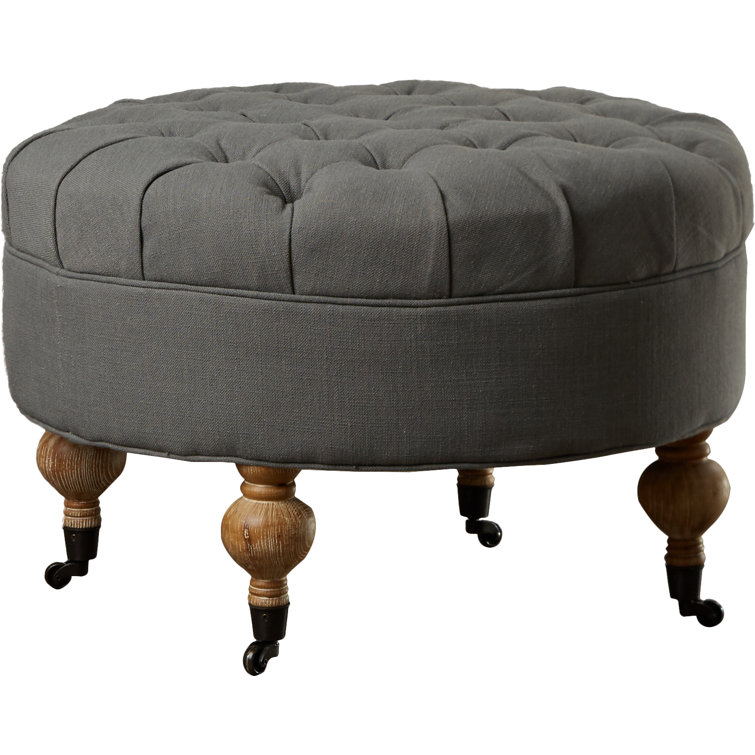 Clara Transitional Granite Grey Tufted Round Ottoman