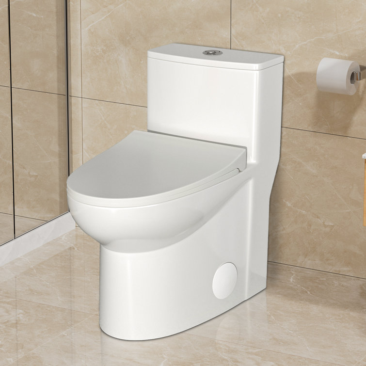 White Ceramic One-Piece Elongated Dual Flush Toilet
