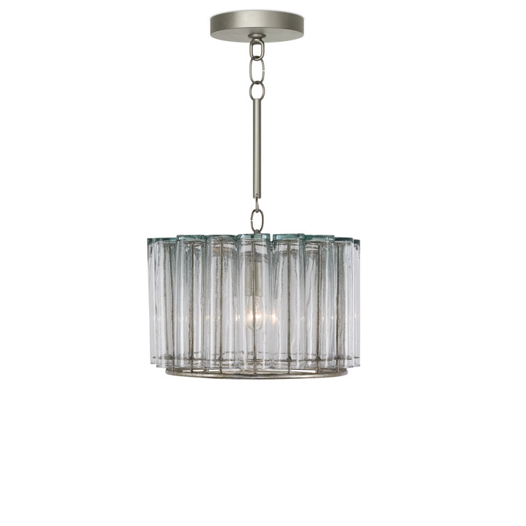 Silver Leaf Glass Drum Pendant Light with Extension Rod Kit