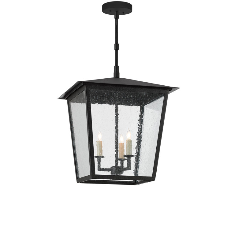 Black Wrought Iron and Glass 3-Light Outdoor Hanging Lantern
