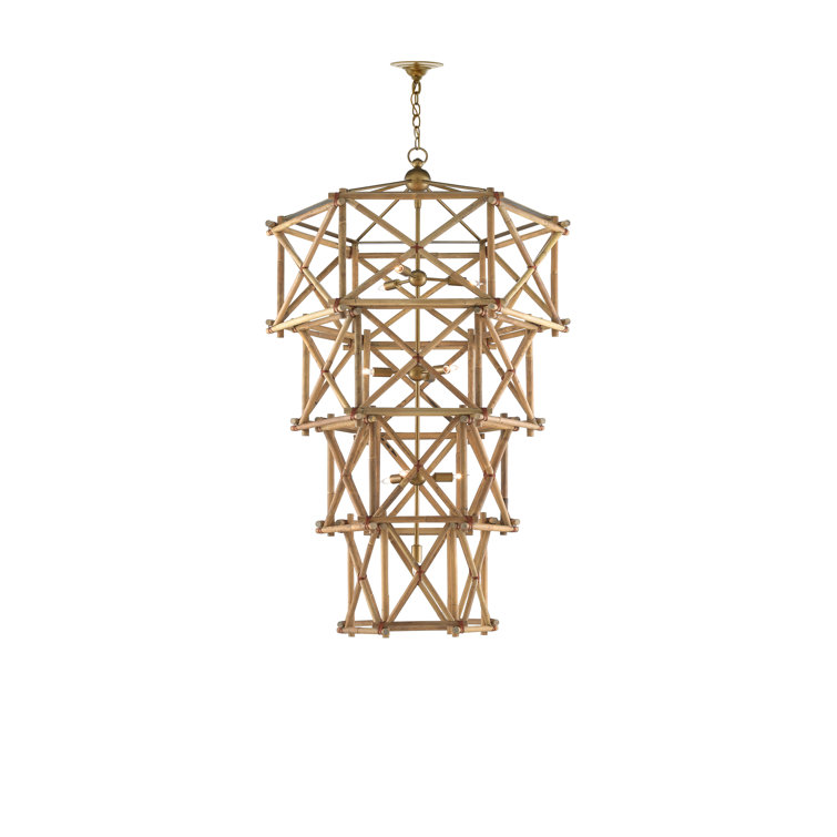Natural Rattan and Brass 10-Light Adjustable Chandelier