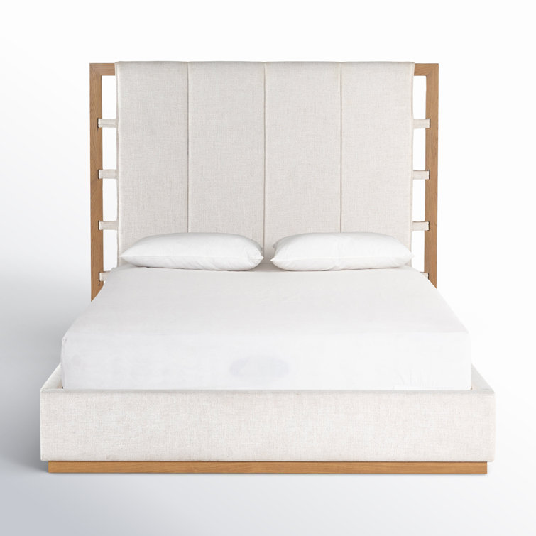 King Cream Upholstered Bed with Oak Frame and Headboard