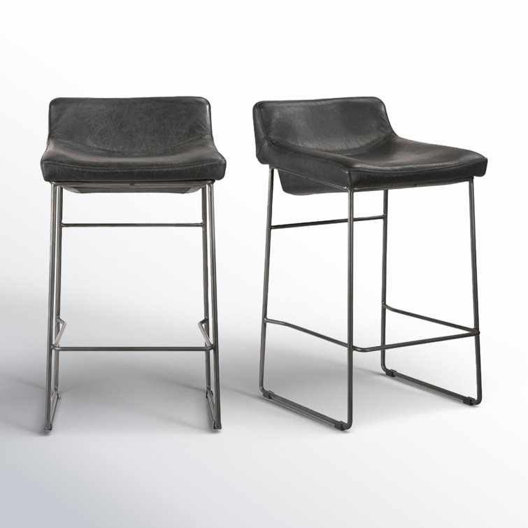 Black Genuine Leather and Iron Saddle Counter Stools, Set of 2