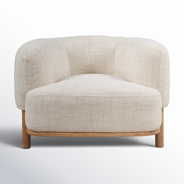Cream Upholstered Barrel Chair with Natural Ash Wood Legs