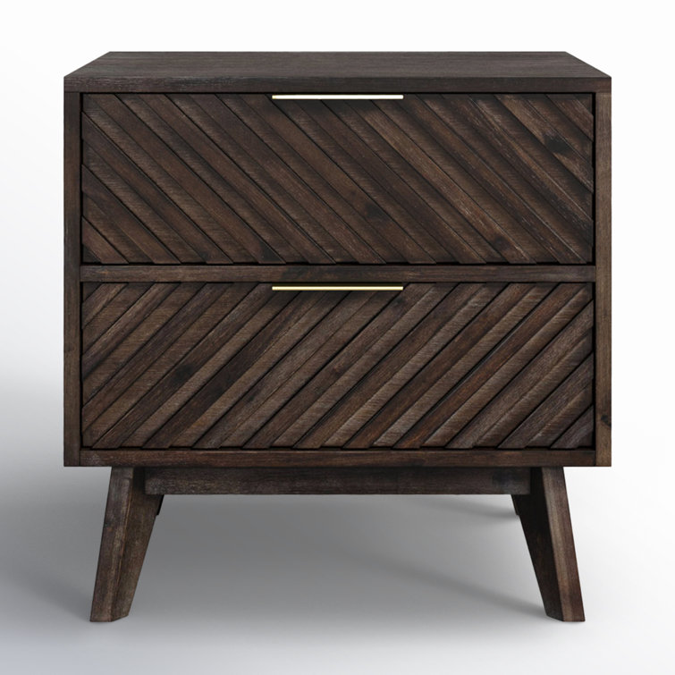Dark Acacia Wood 2-Drawer Nightstand with Brass Handles