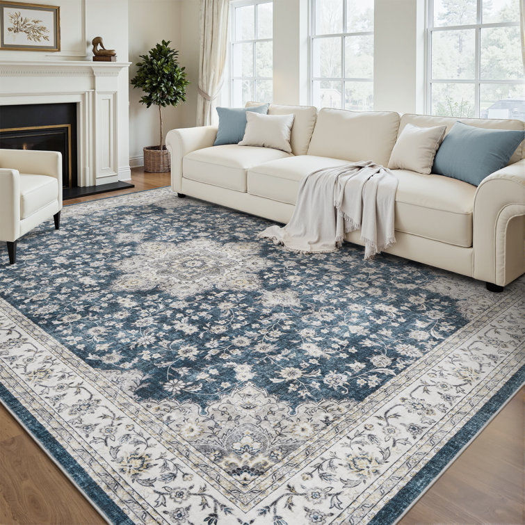 Blue and White Floral Synthetic Non-Slip Washable Area Rug 5' x 7'