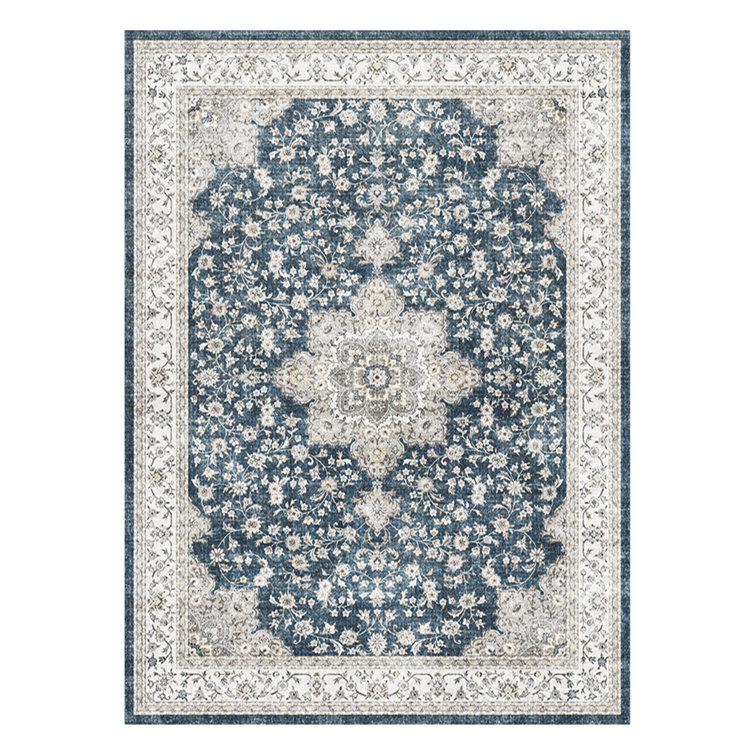 Vintage Blue and White Floral Wool Area Rug, 6' x 9'