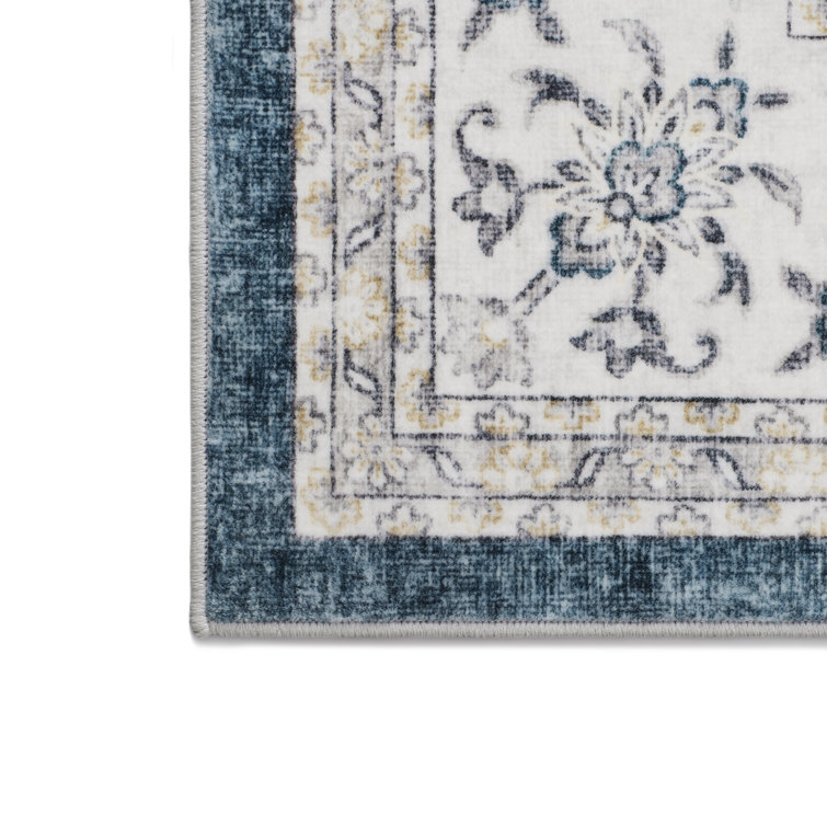 Vintage Blue and White Floral Wool Area Rug, 6' x 9'