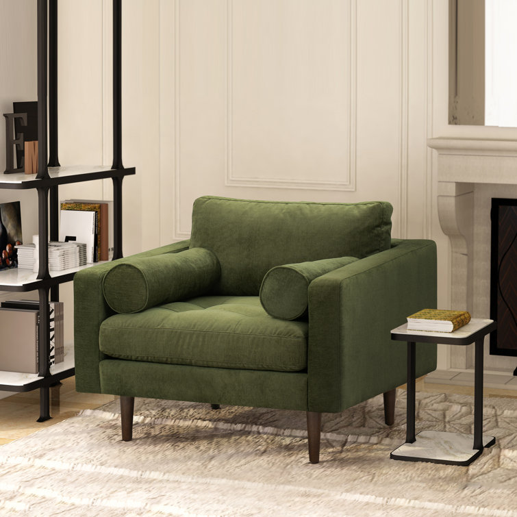 Napa 42" Distressed Green Velvet Armchair with Walnut Wood Legs