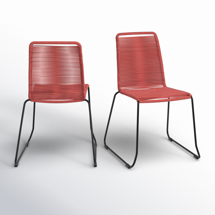 Brick Red Armless Wicker and Steel Outdoor Dining Chairs, Set of 2
