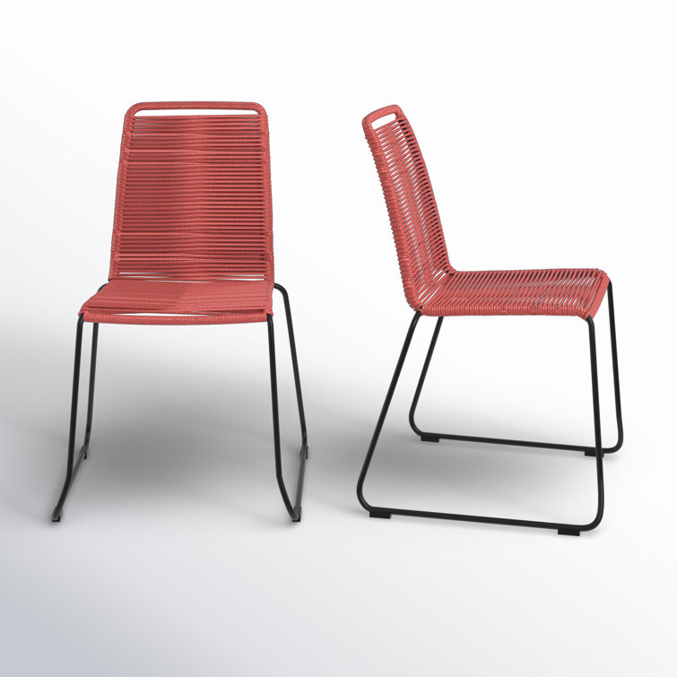 Brick Red Armless Wicker and Steel Outdoor Dining Chairs, Set of 2