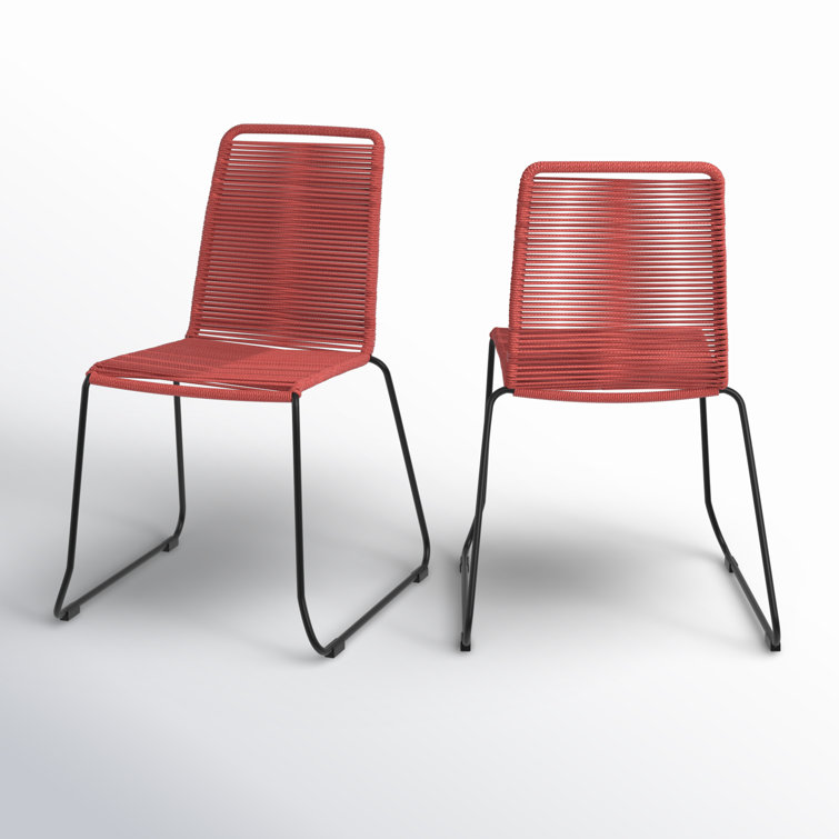 Brick Red Armless Wicker and Steel Outdoor Dining Chairs, Set of 2