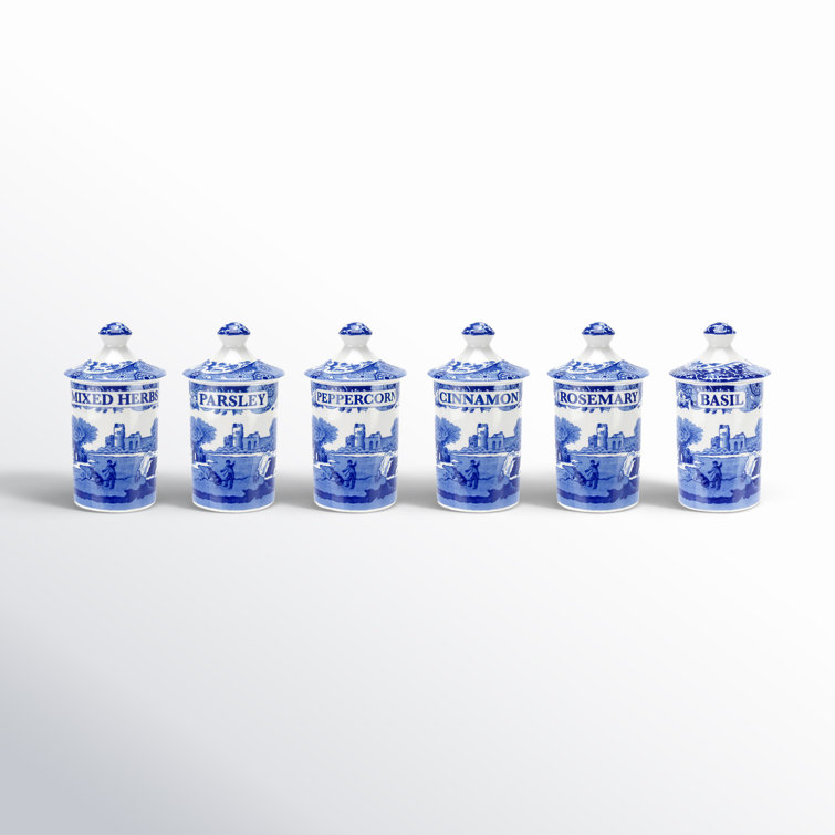 Spode Blue Italian Fine Porcelain Spice Jars, Set of 6