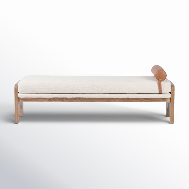 White Upholstered Bench with Ash Base and Leather Bolster